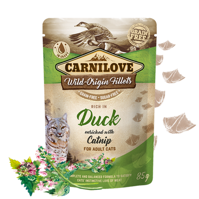 Pack de 24 pouches de comida húmeda para gatos con pato y catnip