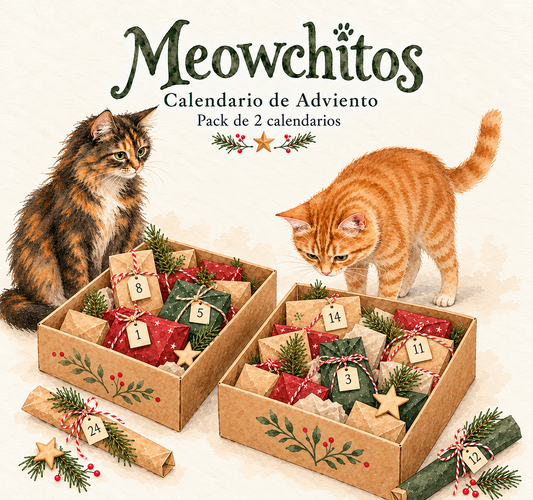 Pack de 2 calendarios de Adviento para gatos Meowchitos 2026, cada uno en su caja navideña.