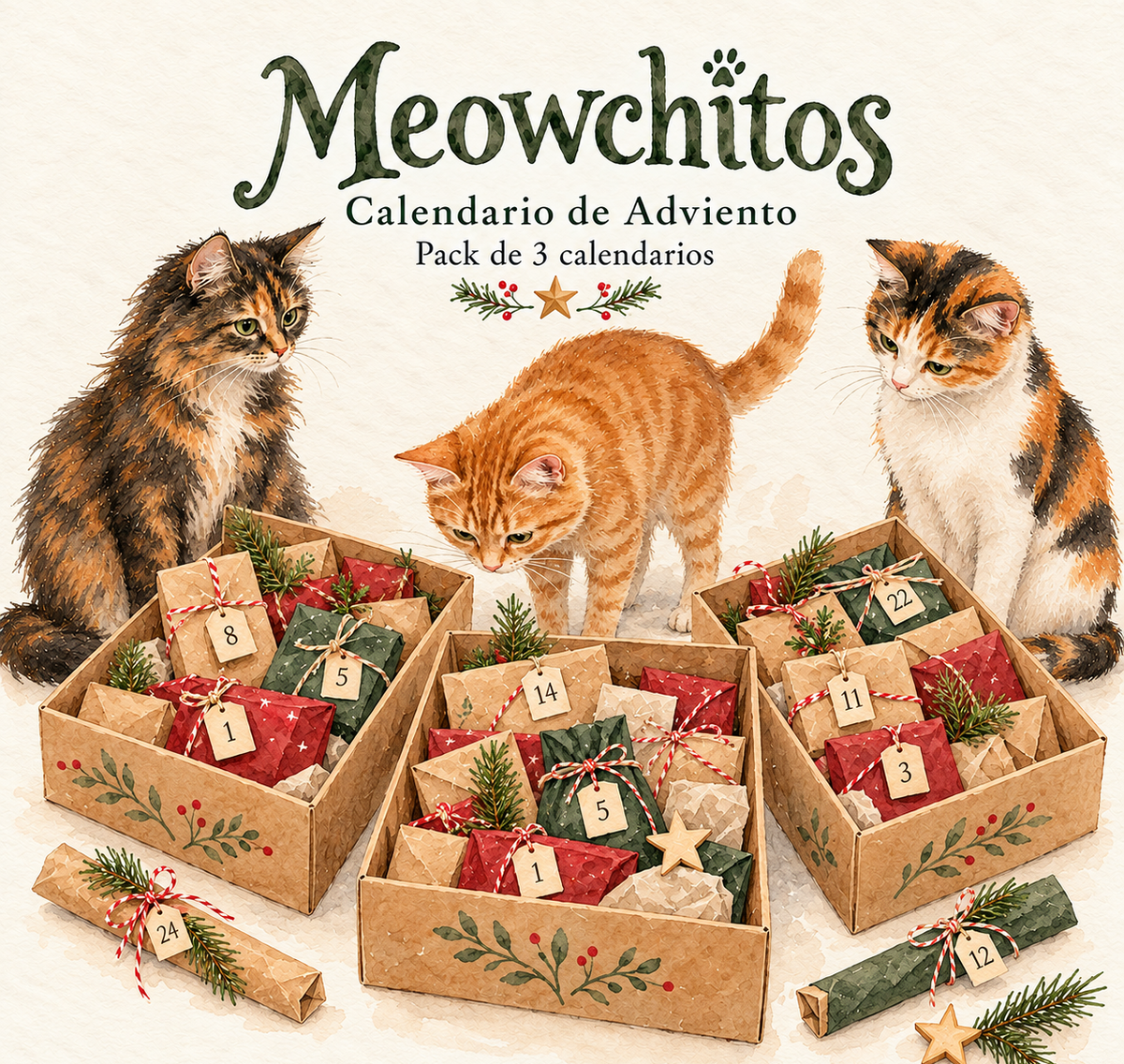 Pack de 3 calendarios de Adviento para gatos Meowchitos 2026, cada uno en su caja navideña.