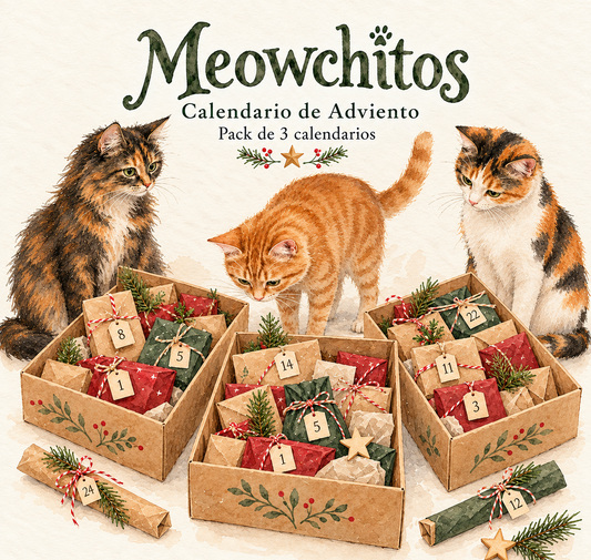 Pack de 3 calendarios de Adviento para gatos Meowchitos 2026, cada uno en su caja navideña.