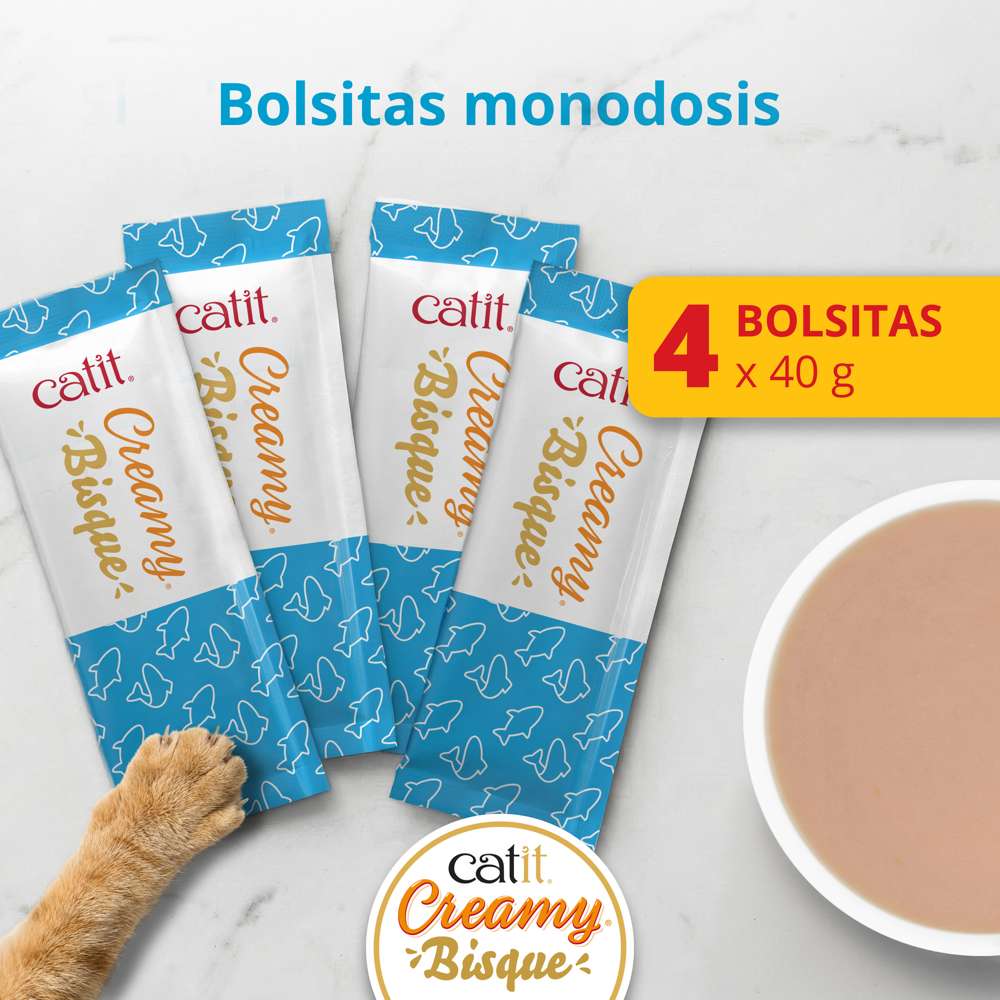 Pack de 4 sobres de 40 g de Catit Creamy Bisque Atún y Salmón para gatos