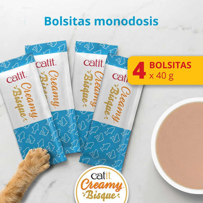 Pack de 4 sobres de 40 g de Catit Creamy Bisque Atún y Salmón para gatos