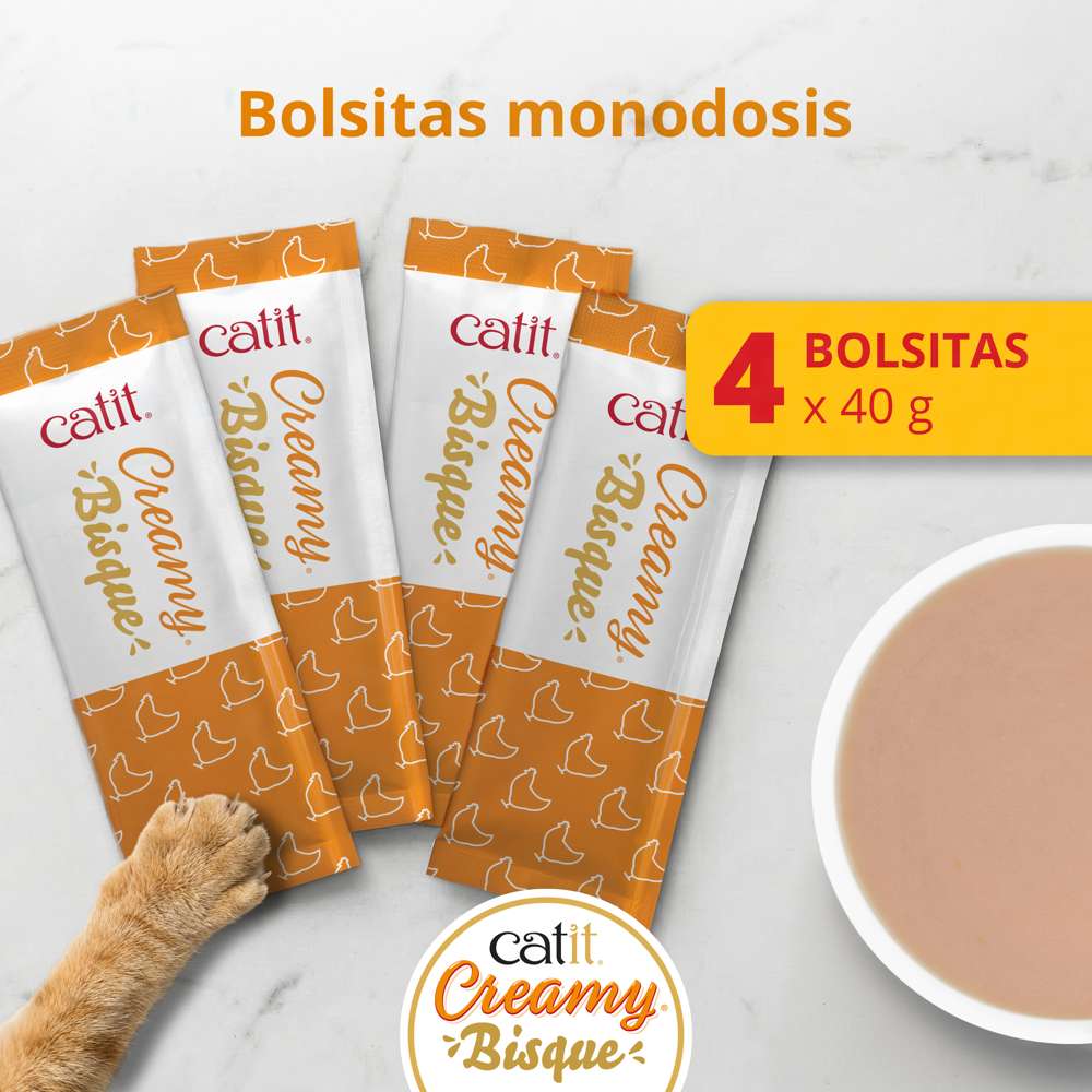 Pack de 4 sobres de 40 g de Catit Creamy Bisque Pollo e Hígado para gatos