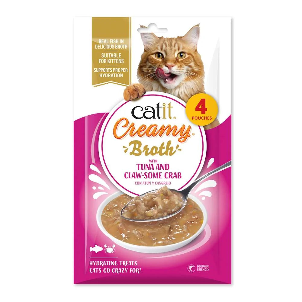 Pack de 4 sobres de 40 g de Catit Creamy Broth Atún y Cangrejo para gatos