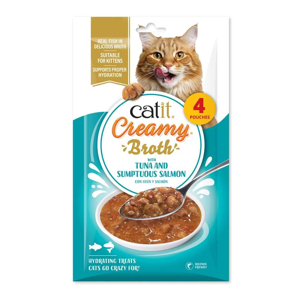 Pack de 4 sobres de 40 g de Catit Creamy Broth Atún y Salmón para gatos