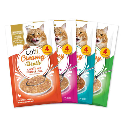 Pack de prueba Catit Creamy Broth con cuatro paquetes de sabores distintos, 16 sobres de 40 g en total