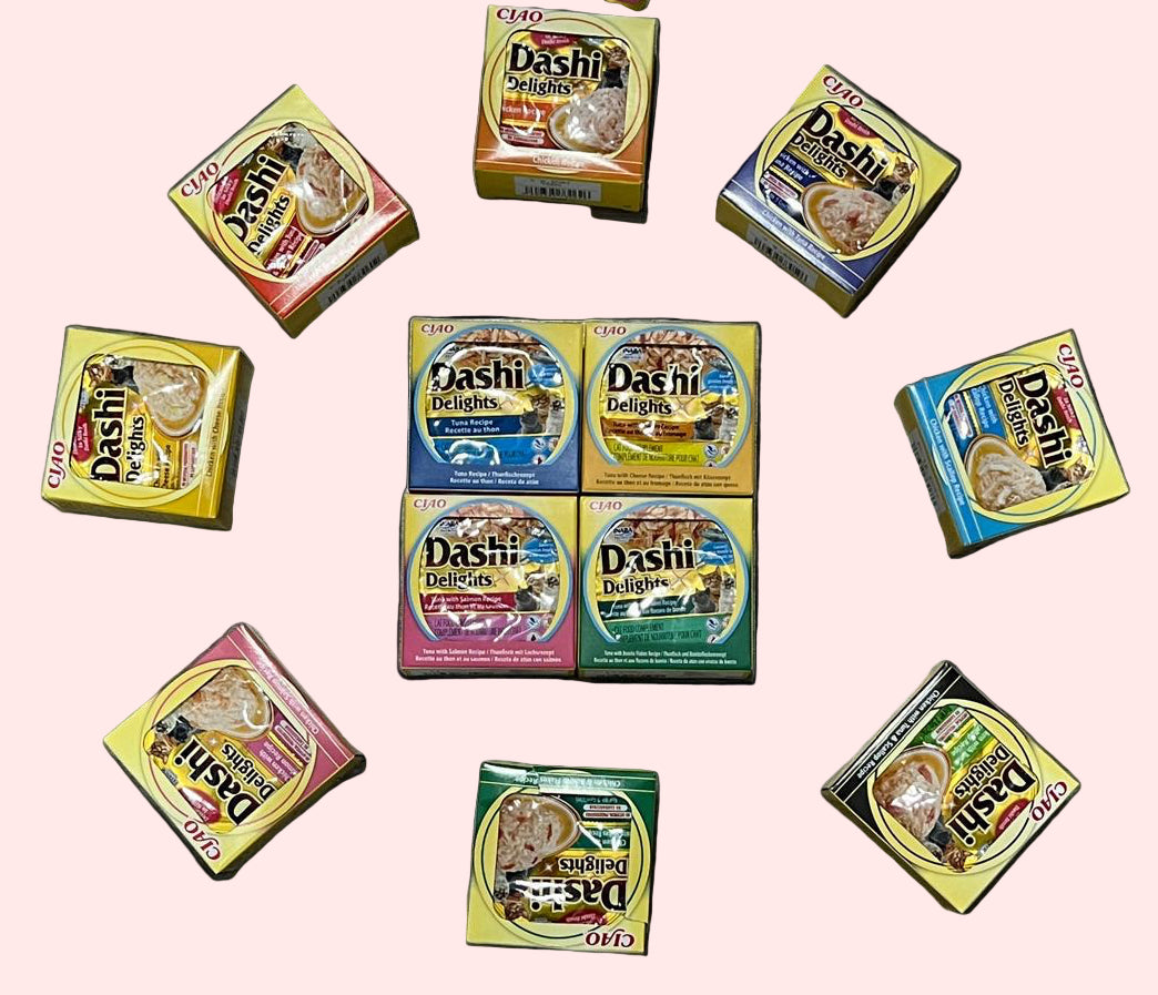 Pack de prueba Dashi Delights para gatos con 12 sobres variados de 70g