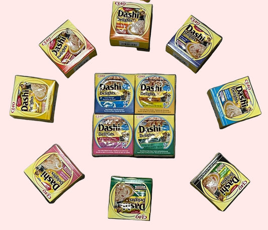 Pack de prueba Dashi Delights para gatos con 12 sobres variados de 70g