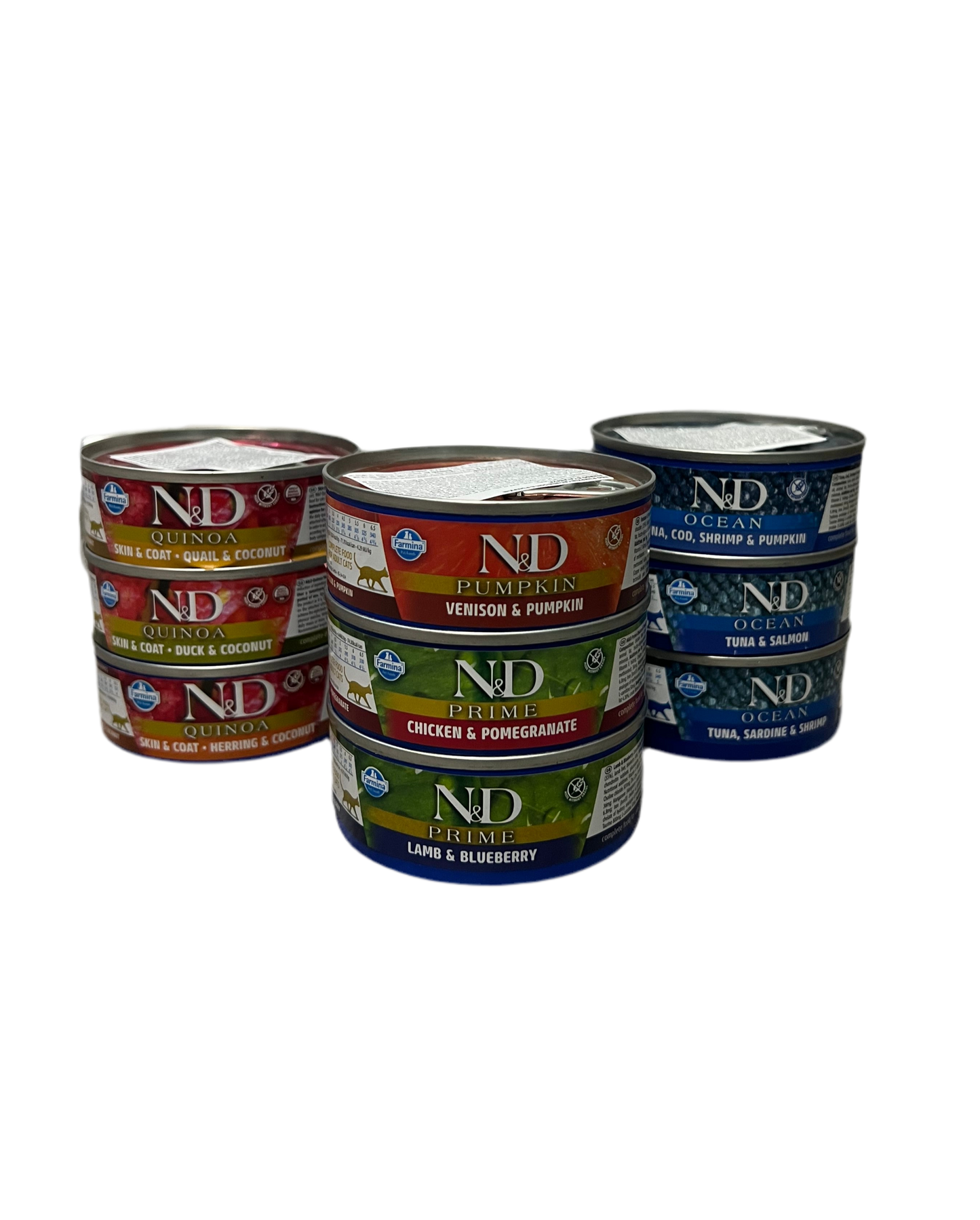 Pack de prueba Farmina N&D con 9 latas variadas de comida húmeda para gatos