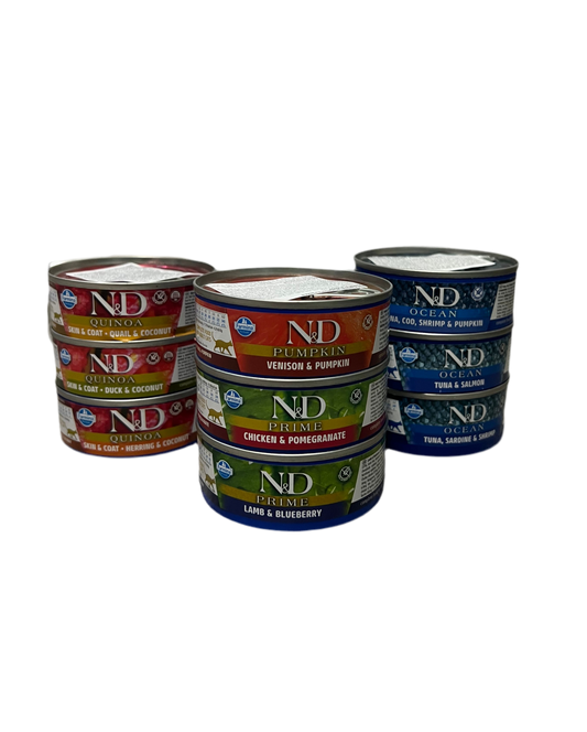 Pack de prueba Farmina N&D con 9 latas variadas de comida húmeda para gatos