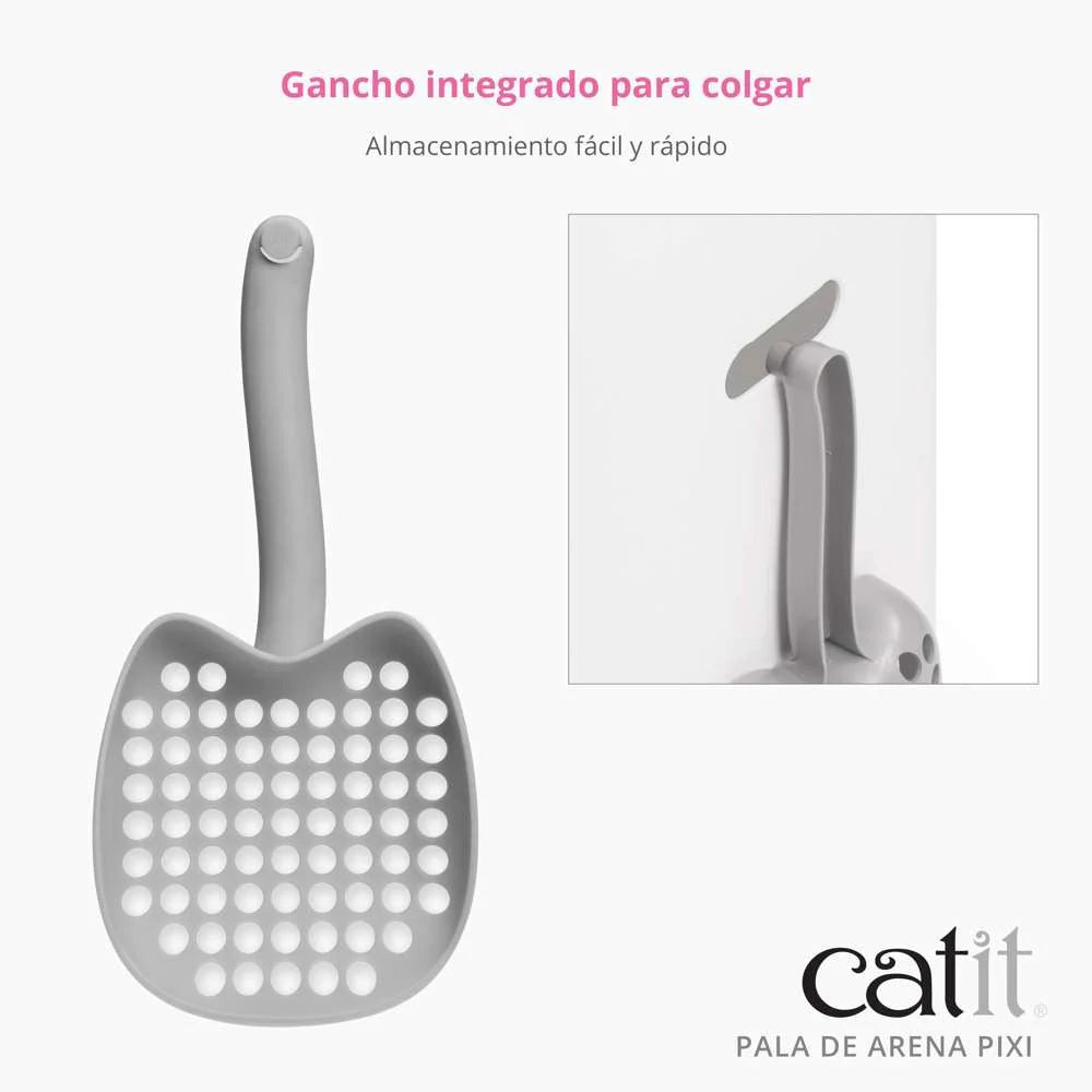 Pala para arenero de gato Catit PIXI con gancho integrado para colgar.