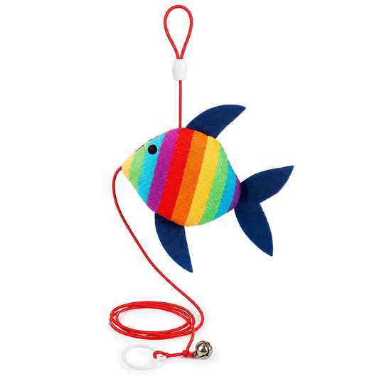 Pez colgante interactivo con cuerda elástica para gatos.