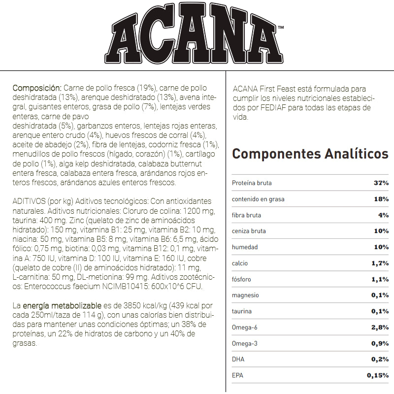 Pienso Acana First Feast para gatitos con pollo arenque avena sin cereales