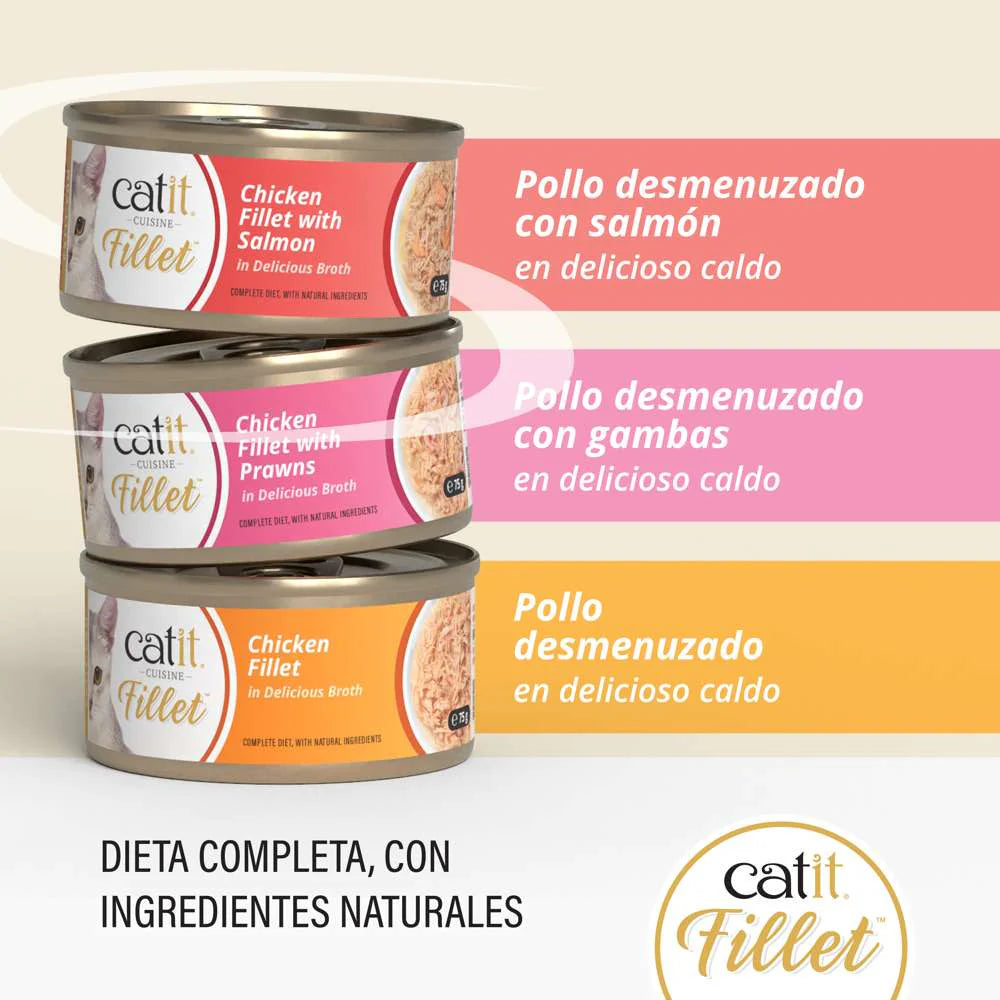Plato servido con Catit Cuisine Fillet pollo desmenuzado en caldo para gatos