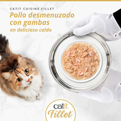 Pollo desmenuzado con gambas para gatos alimento completo Catit Fillet