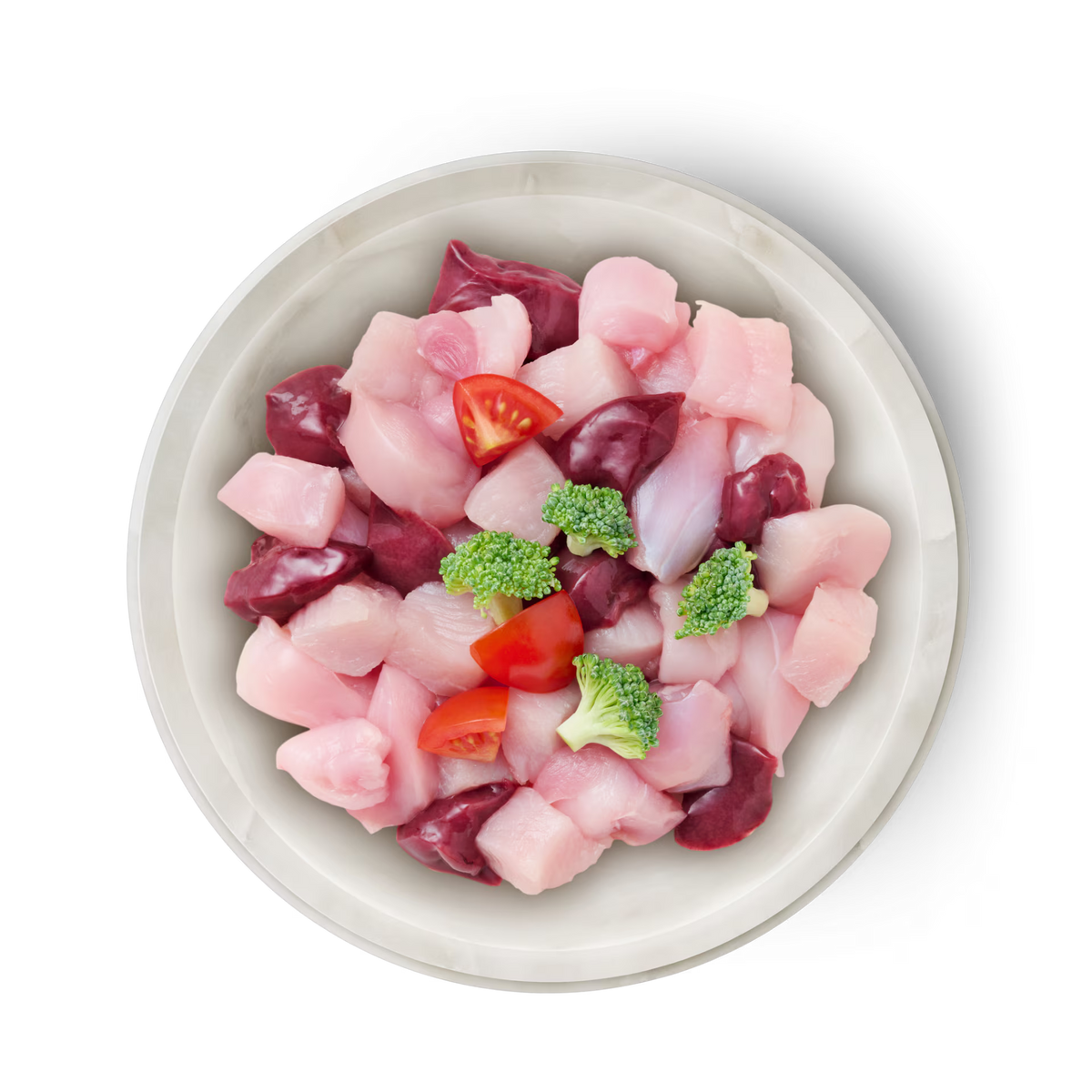 Presentación de los ingredientes de Terra Felis Famousse Conejo y Pavo con carnes, vísceras, brócoli y tomate