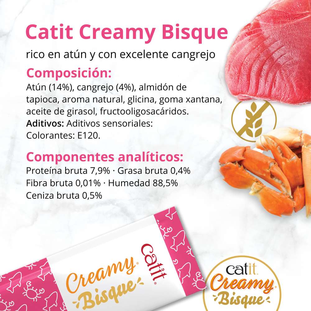 Puré Catit Creamy Bisque Atún y Cangrejo servido en un plato