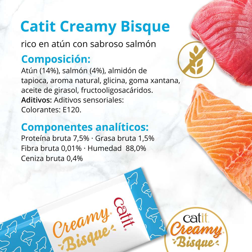 Puré Catit Creamy Bisque Atún y Salmón servido en un plato