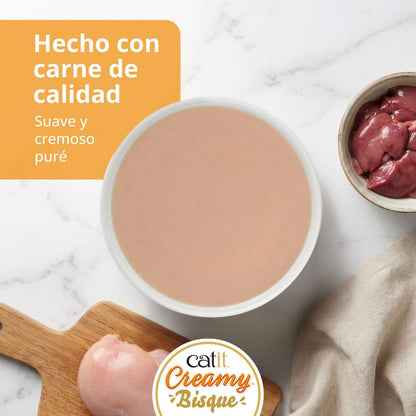 Puré Catit Creamy Bisque Pollo e Hígado servido en un plato
