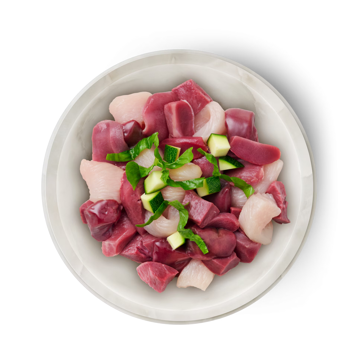 Representación de los ingredientes de Terra Felis Famousse Pollo y Cordero con carnes, calabacín y espinacas