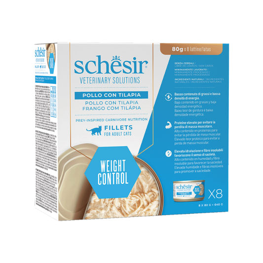 Schesir Cat Vet Weight Control filetes en caldo de pollo y pescado 8x80g para gatos