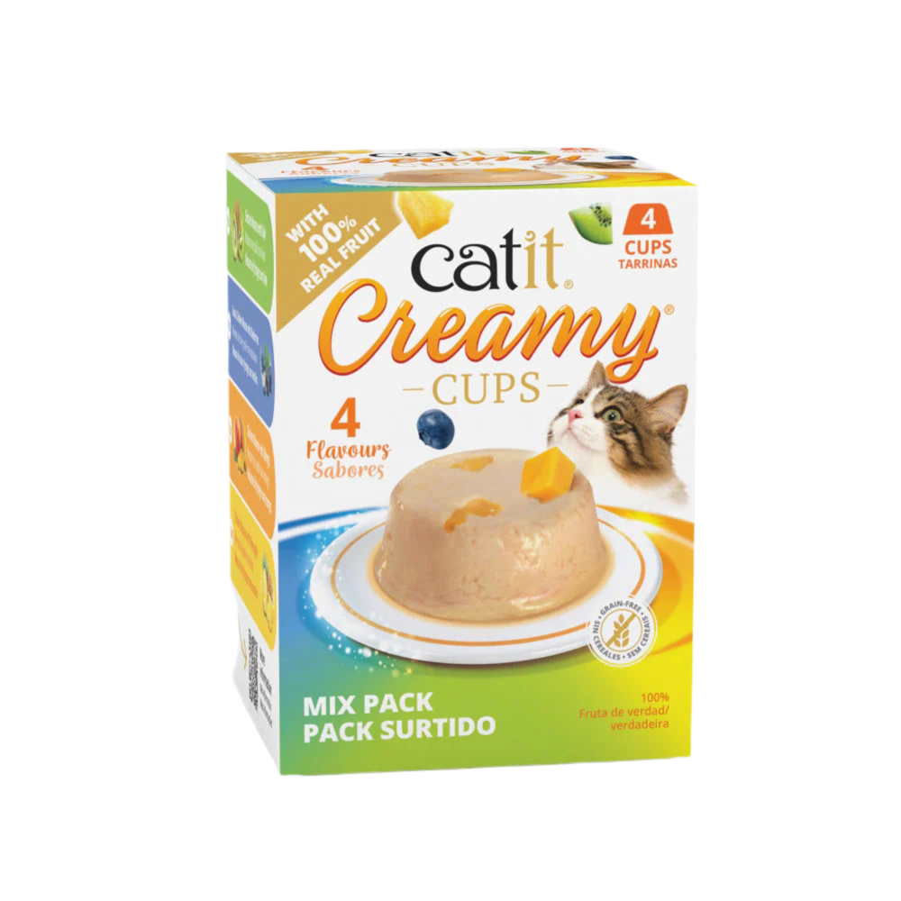 Snack Catit Creamy Cups para gatos con mousse cremosa y fruta natural