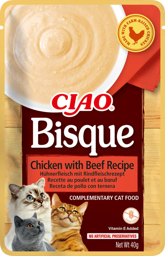 Snack cremoso Inaba Bisque de pollo y ternera para gatos