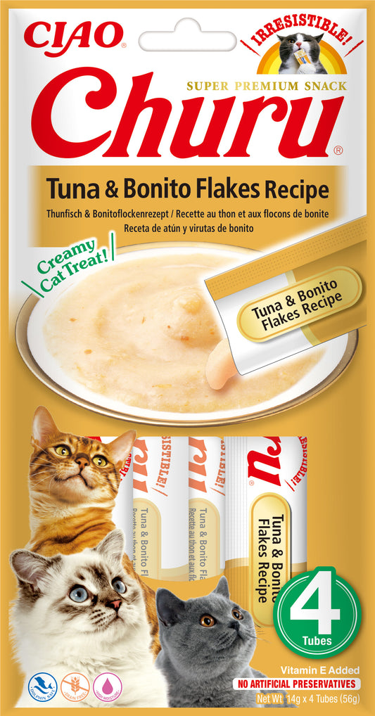 Snack cremoso Inaba Churu de atún con virutas de bonito para gatos