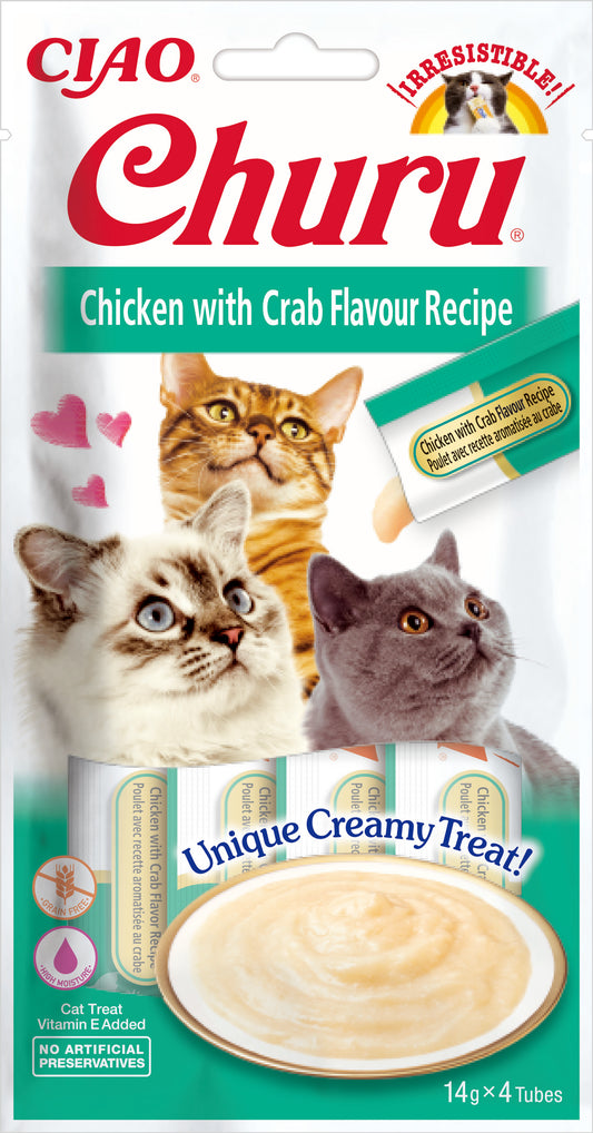 Snack cremoso Inaba Churu de pollo con cangrejo para gatos