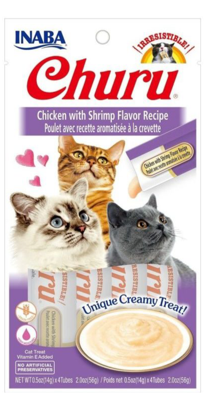 Snack cremoso Inaba Churu de pollo con gambas para gatos