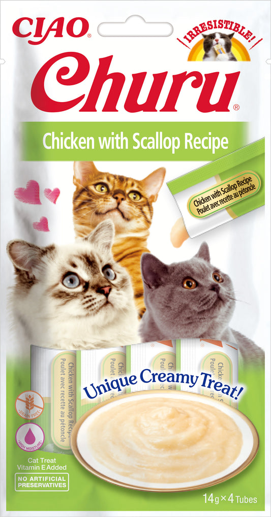 Snack cremoso Inaba Churu de pollo con vieiras para gatos