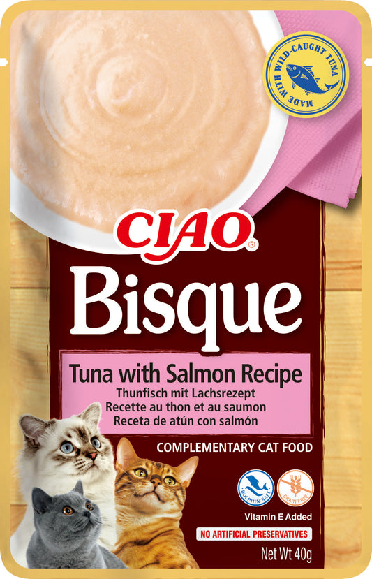 Snack cremoso Inaba Ciao Bisque de atún con salmón para gatos