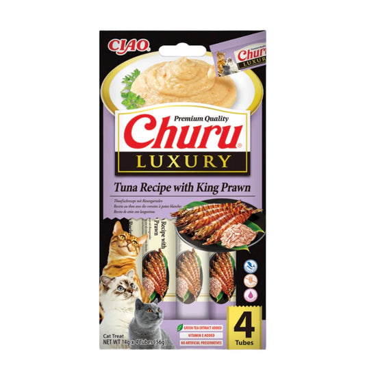 Snack gourmet Inaba Churu Luxury de atún con langostinos para gatos