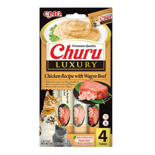 Snack gourmet Inaba Churu Luxury de pollo con ternera Wagyu para gatos
