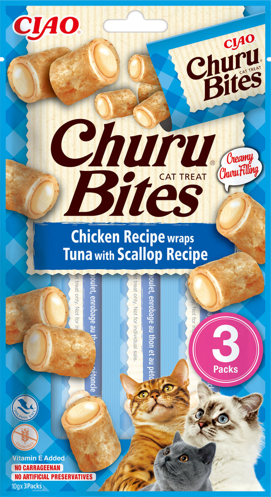 Snacks blanditos Inaba Churu Bites de atún con vieira para gatos