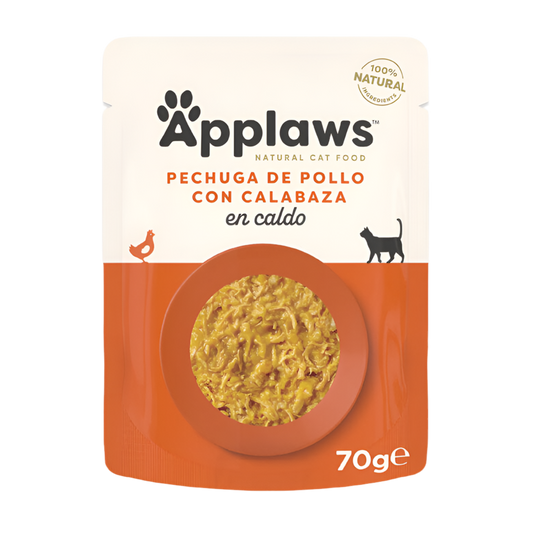 Sobre de 70g Applaws para gatos, receta natural de pollo con calabaza en caldo, alimento húmedo complementario.