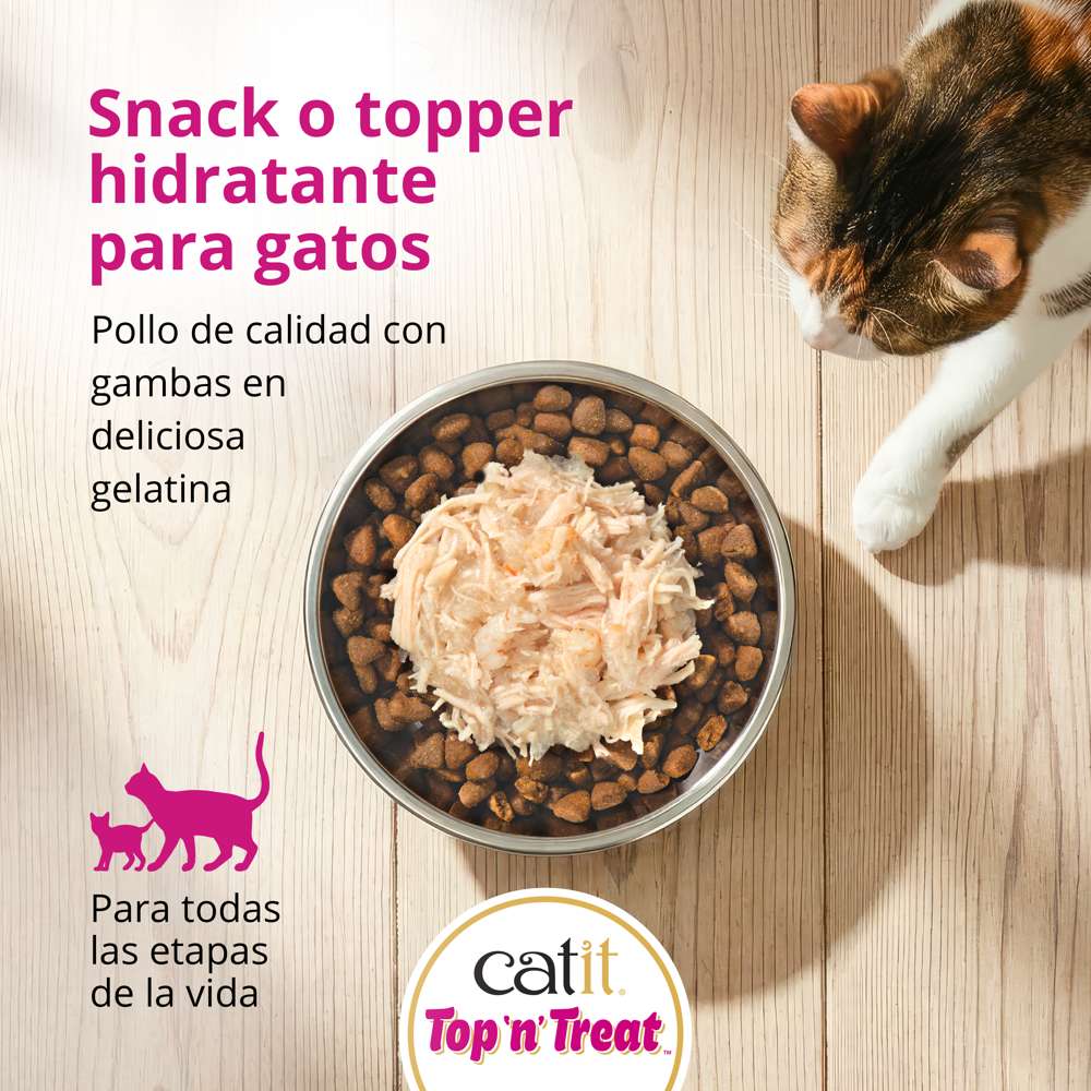 Topper húmedo Catit de pollo y gambas sobre comida para gatos