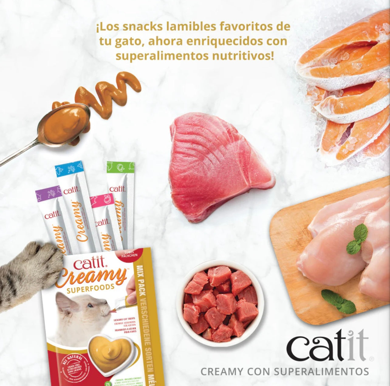 Tubos Catit Creamy con superalimentos naturales para gatos