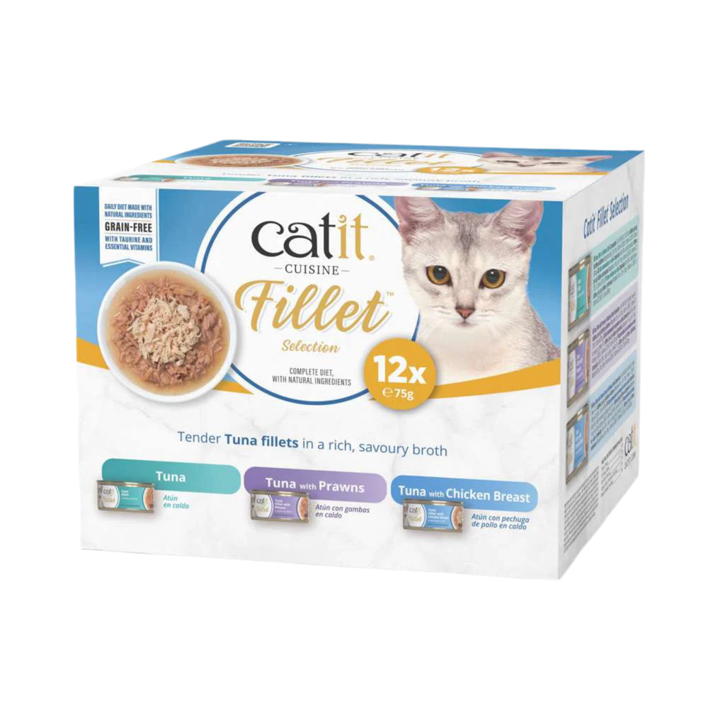 Variedad de latas Catit Fillet sabores pollo y pescado para gatos exigentes