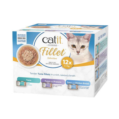 Variedad de latas Catit Fillet sabores pollo y pescado para gatos exigentes
