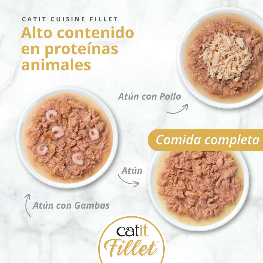 Variedades de Catit Cuisine Fillet atún con pollo y gambas en caldo para gatos