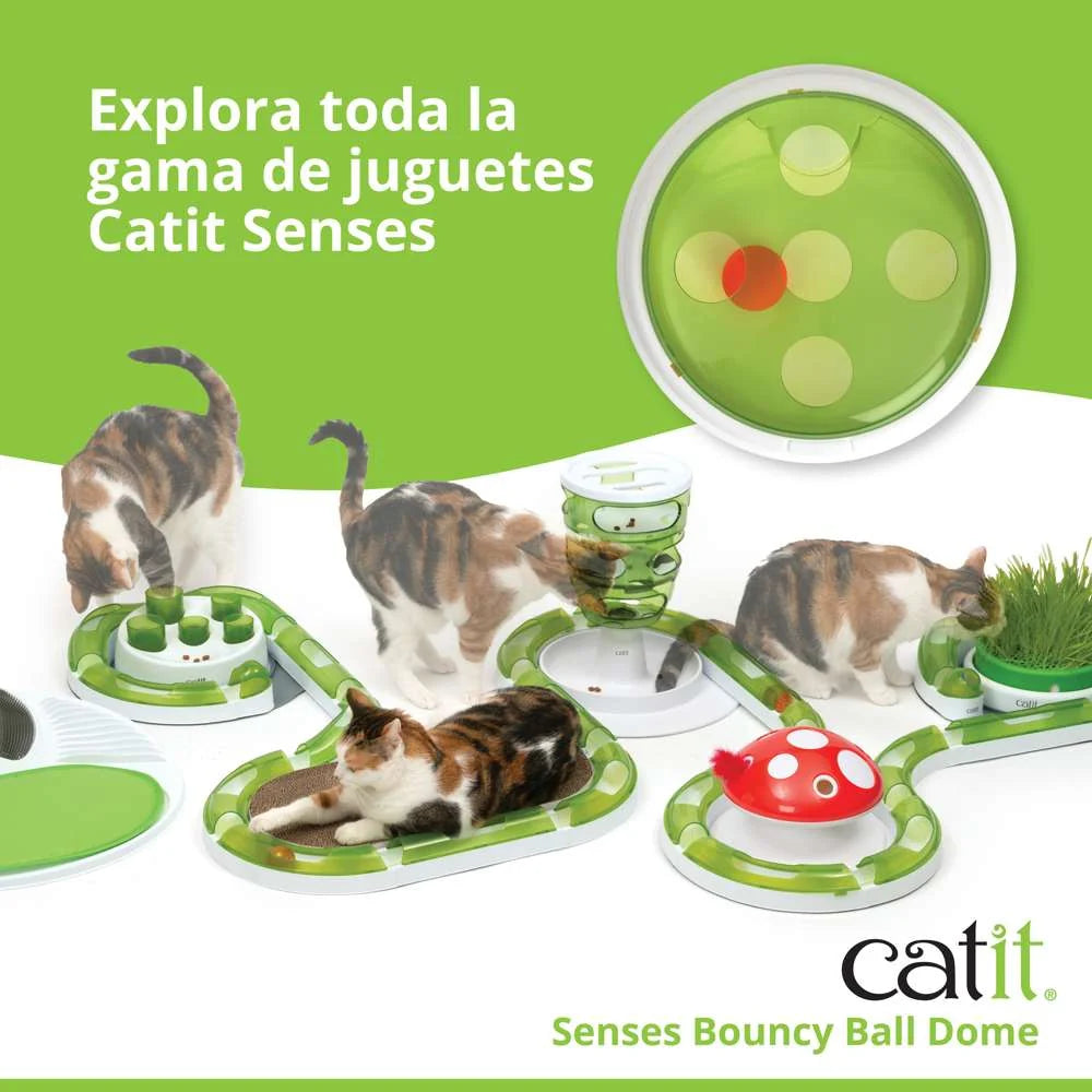 Vista frontal del Catit Senses 2.0 Bouncy Ball Dome con la pelota naranja en su interior