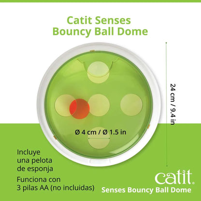 Vista lateral del Catit Bouncy Ball Dome con base blanca y cúpula verde