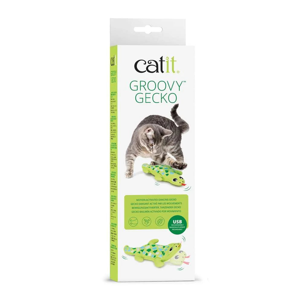 Vista lateral del juguete interactivo Catit Groovy Gecko.