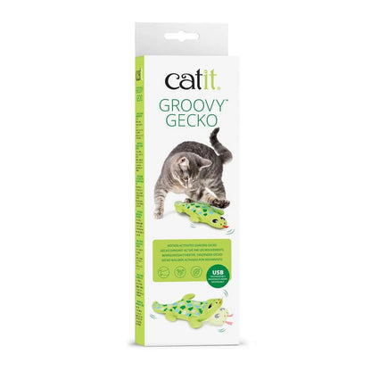 Vista lateral del juguete interactivo Catit Groovy Gecko.