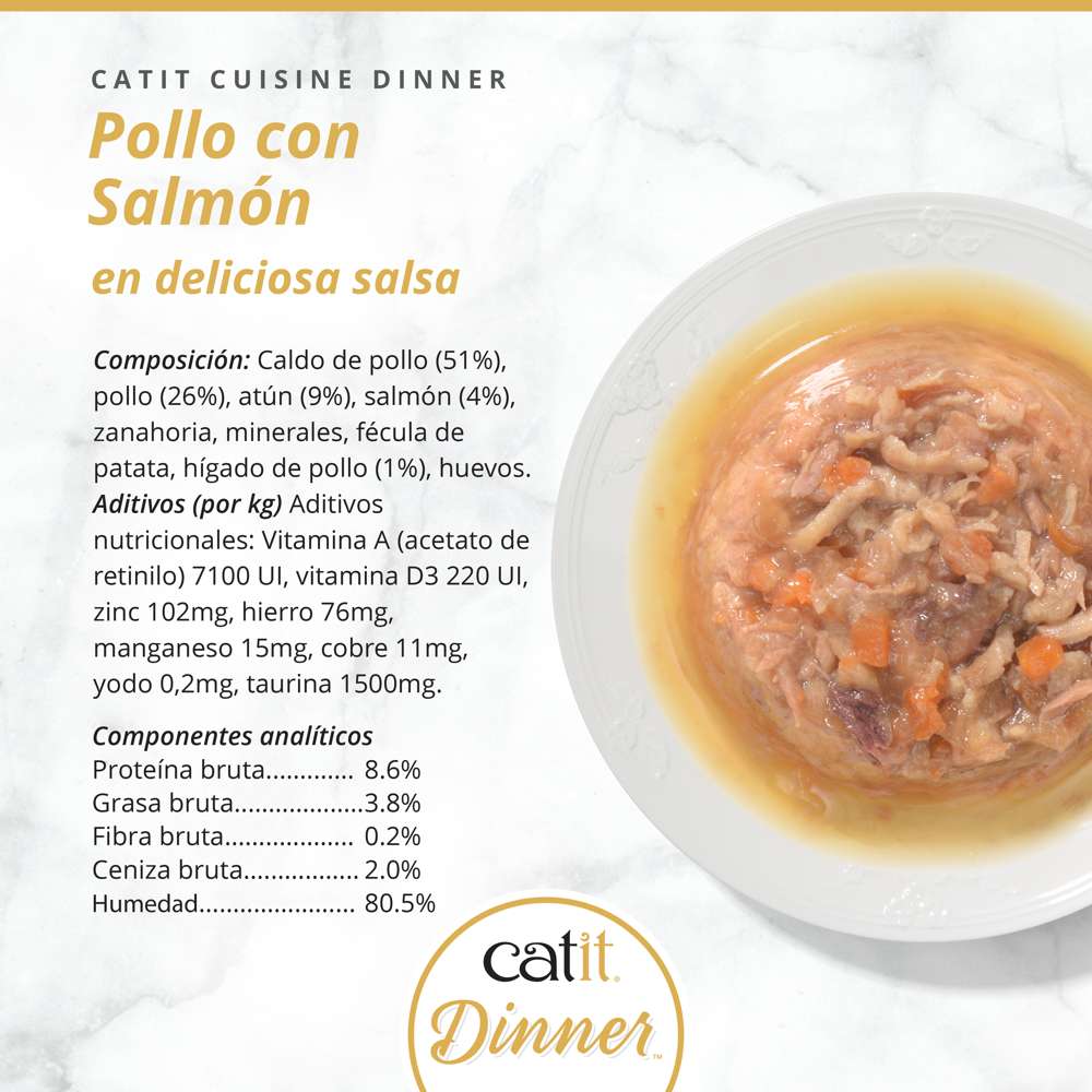 catit cuisine dinner pollo con salmón servido en salsa comida húmeda gatos