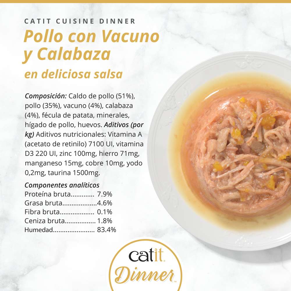 composición catit cuisine dinner pollo vacuno calabaza ingredientes y valores nutricionales