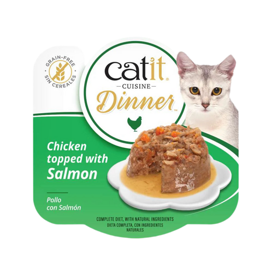 gato disfrutando comida húmeda catit cuisine dinner pollo con salmón