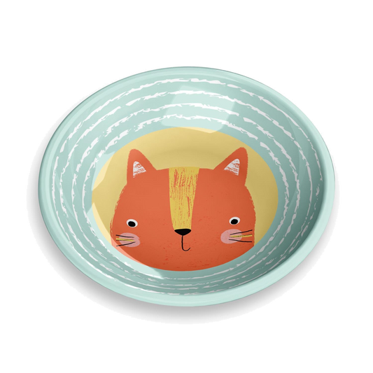 Plato de melamina con diseño floral y huellitas verdes y azules, ideal para gatos y perros pequeños.
