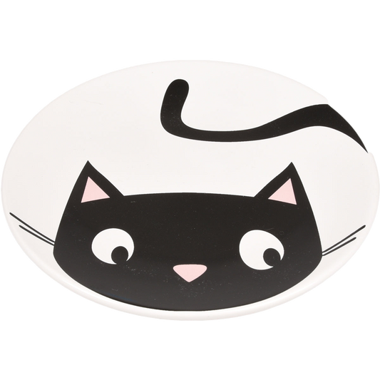 Plato de cerámica blanco Flamingo Guus con diseño de gato negro para comida felina